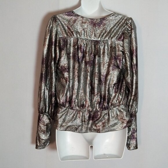 Maison d` Amelie Silver Pink Metallic Long Sleeve Blouse Cross Ovr Front Med New - Picture 2 of 3